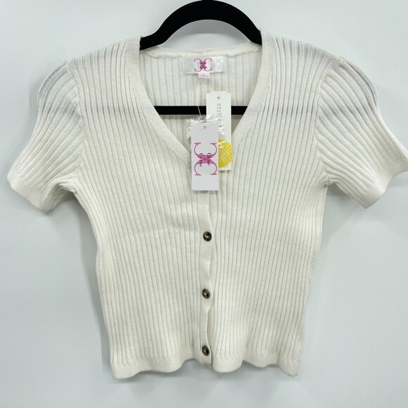 NWT CHLOE + CYRUS Cream White Ribbed Stretch Button Cardigan Sweater Size XL - Picture 1 of 4